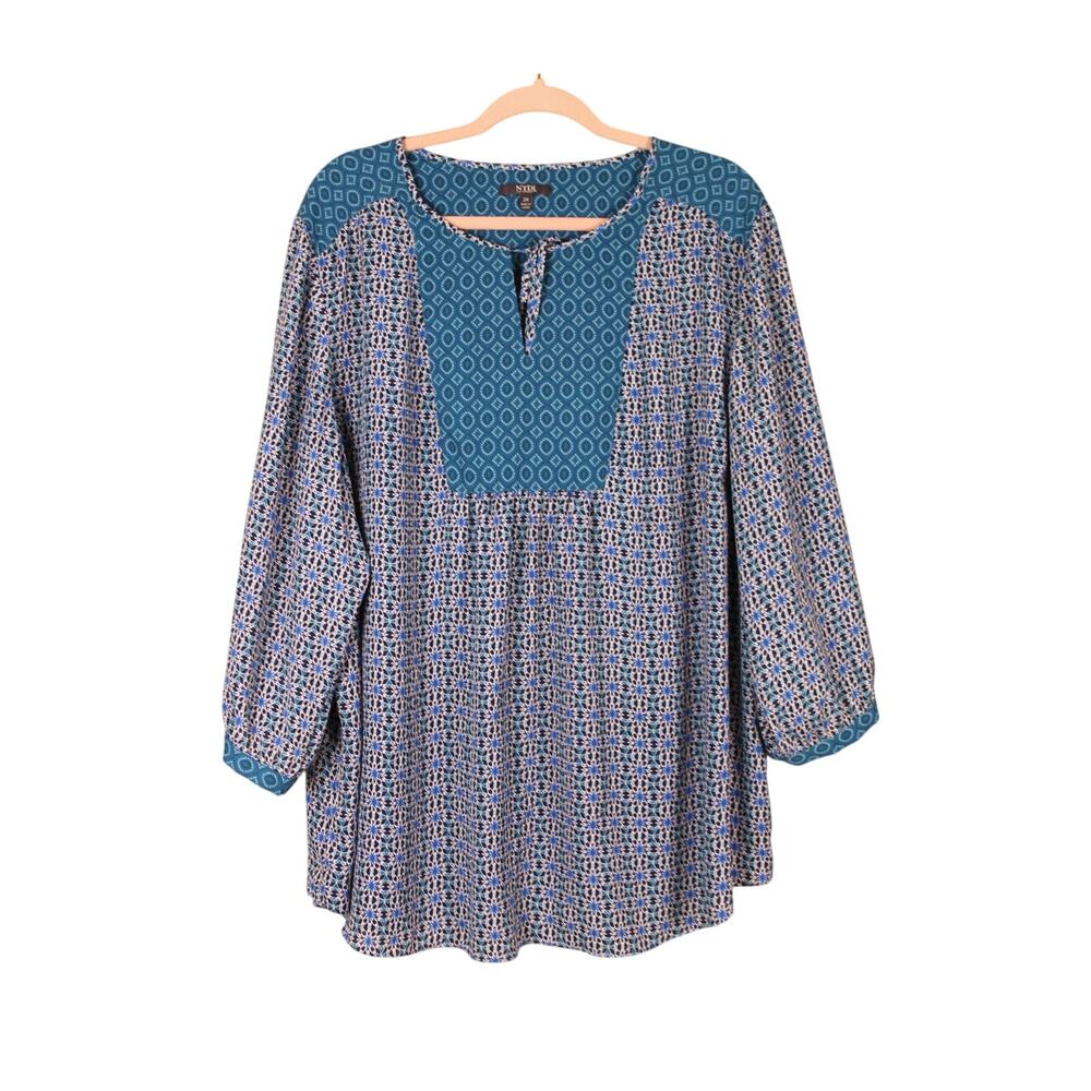 NYDJ Blue Floral Geometric Print Peasant Sheer Lightweight Flowy Tunic Blouse 2X
